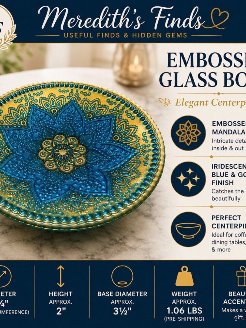 Blue & Gold Embossed Glass Centerpiece Bowl – 8¾" Decorative Mandala Bowl